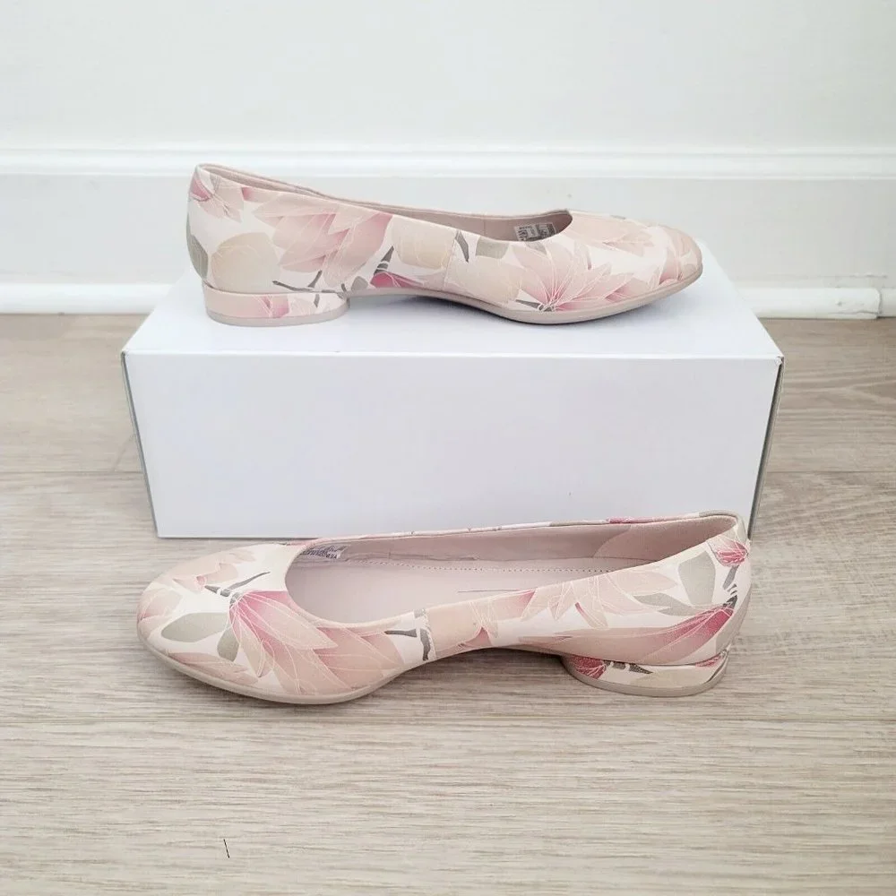 Ecco Anine Pink Beige Floral Ballet Ballerina Flats Slip On Leather Shoes 6 37